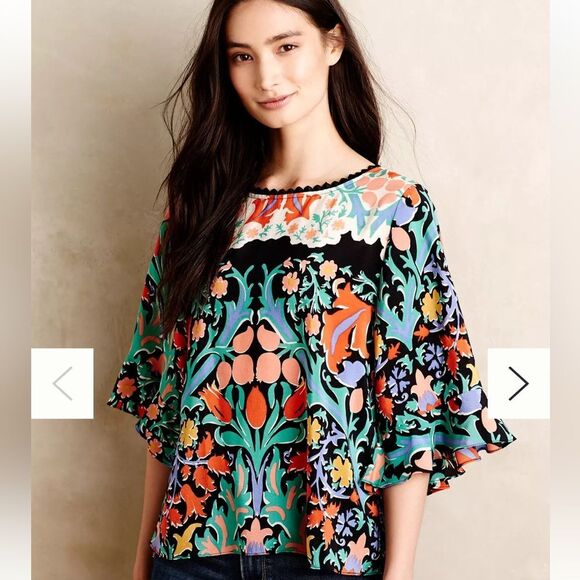 Maeve Anthropologie Folkart Kimono Top 100% Silk Ruffle 3/4 Sleeve Floral Sz 2 - Picture 1 of 11